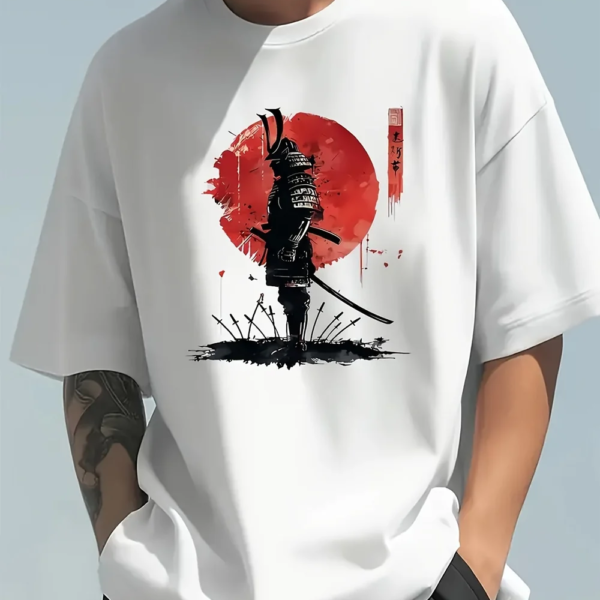 Men's Samurai Warrior Graphic T-Shirt – Beige, Loose Fit Cotton Tee with Red Design