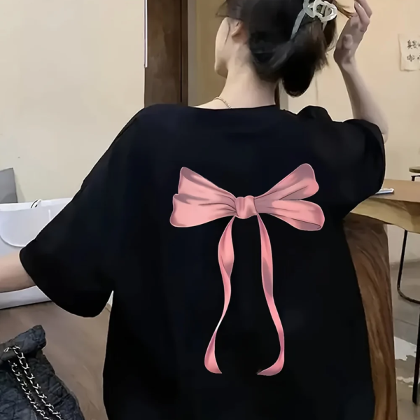 Women's Black Geometric Bow Print T-Shirt – Loose Fit Casual Top