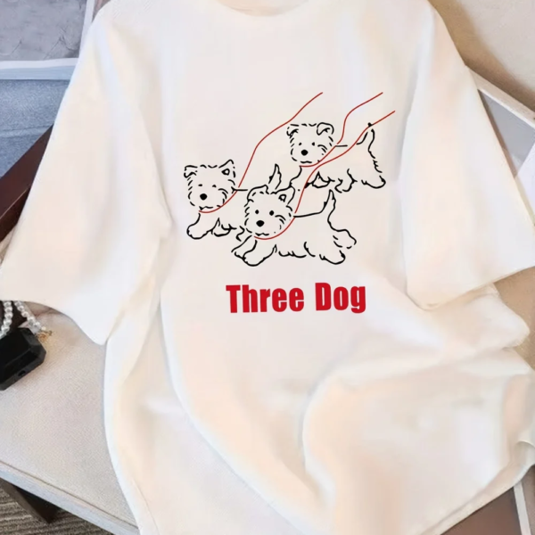Women's Casual 100% Cotton Tee – Playful Three Dog Graphic, Loose Fit