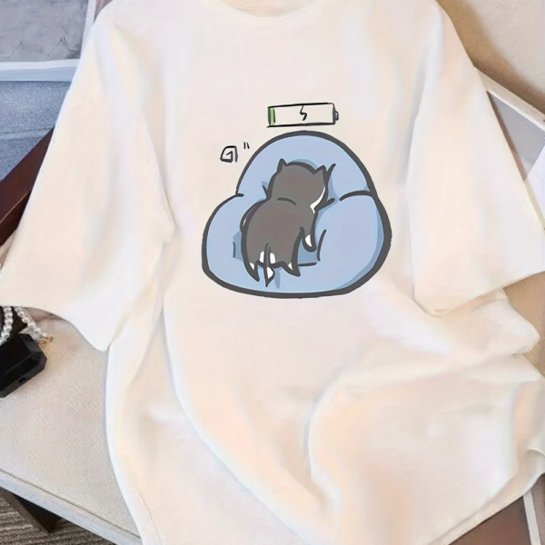 Women's Casual Cotton Cat & Clouds Graphic T-Shirt – Loose Fit White Tee