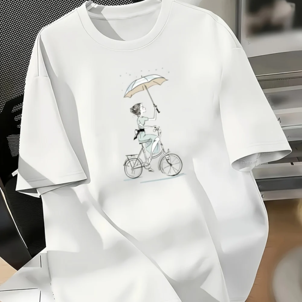 Women's Casual Cotton T-Shirt – Cartoon Bicycle & Umbrella Print