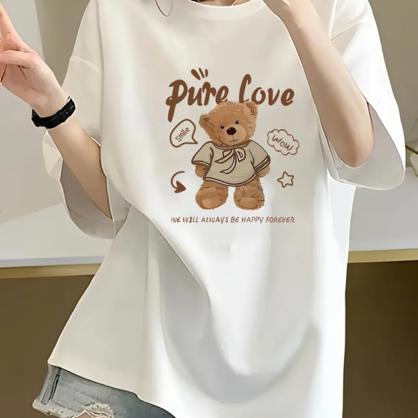 Women's Cute Love Bear Graphic Tee – 'PURE LOVE' Slim Fit