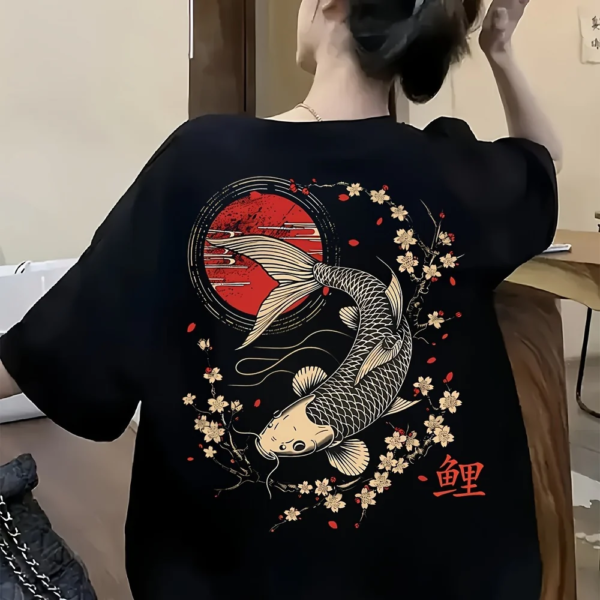 Women's Loose Fit T-Shirt – Black Koi Fish & Cherry Blossom Print