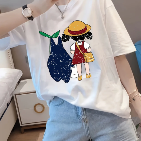 Women's Retro Korean Cartoon Print Tee – Vintage Geometric Pattern